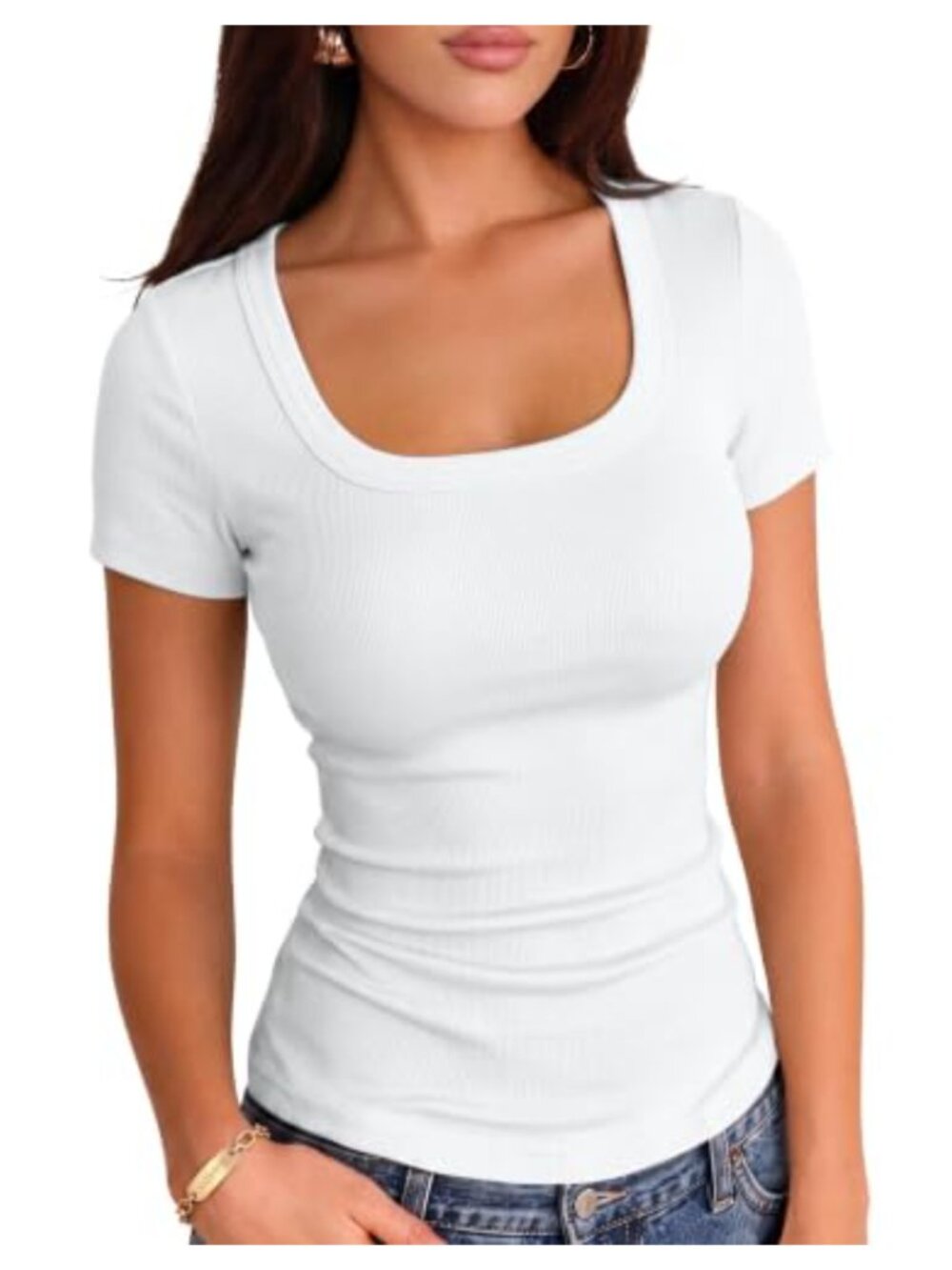 Ribbed Knit Square Neck Slim Fitted Short Sleeve Tee Casual Summer Top
